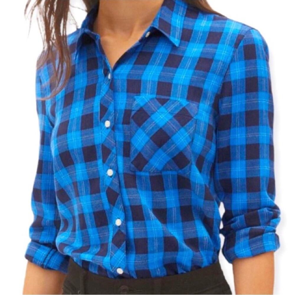 Gap Women’s Blue & Black Checkered Drapey One Pocket Plaid Shirt, Size XS